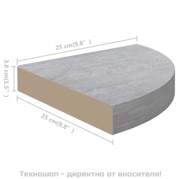Стенен ъглов рафт, бетонно сиво, 25x25x3,8 см, МДФ
