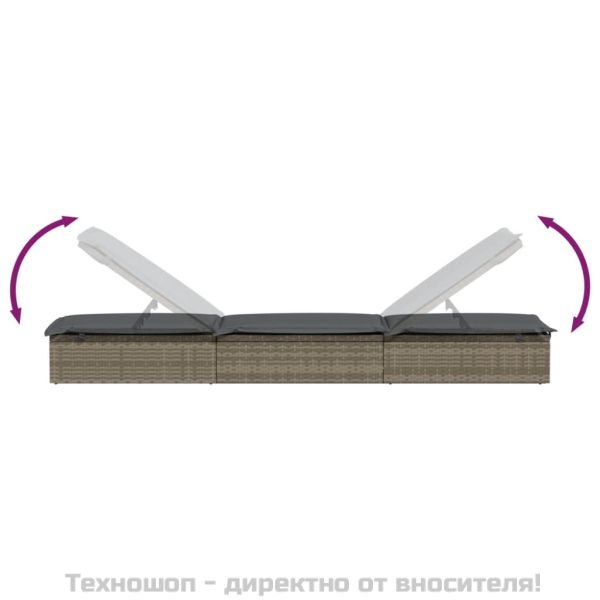 Шезлонги, 2 бр, с маса, сиви, полиратан