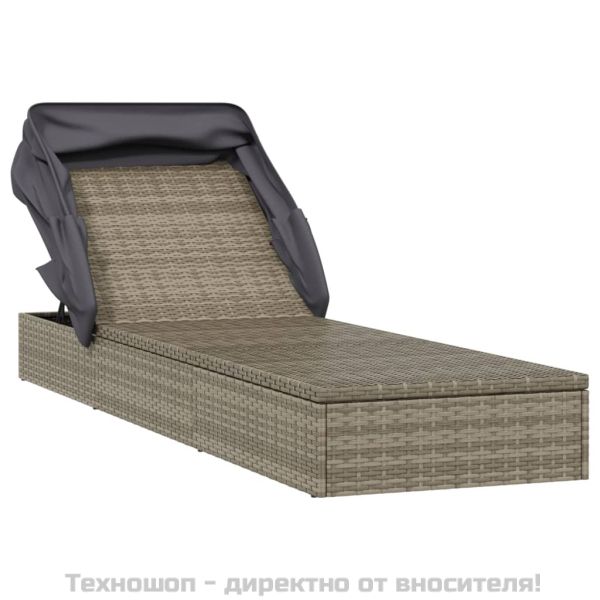 Шезлонг със сгъваем покрив, сив, 213x63x97 см, полиратан