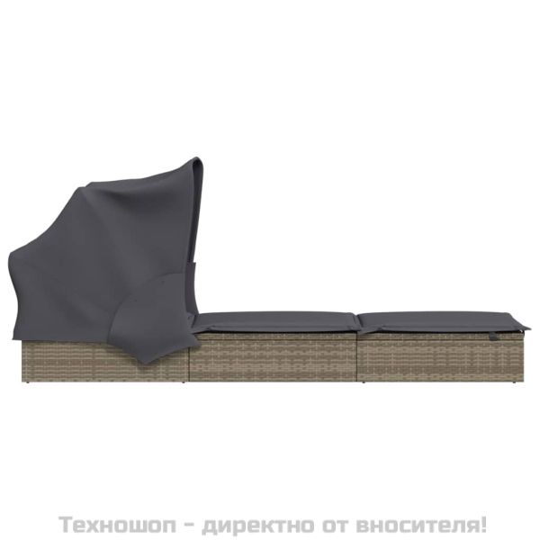 Шезлонг със сгъваем покрив, сив, 213x63x97 см, полиратан