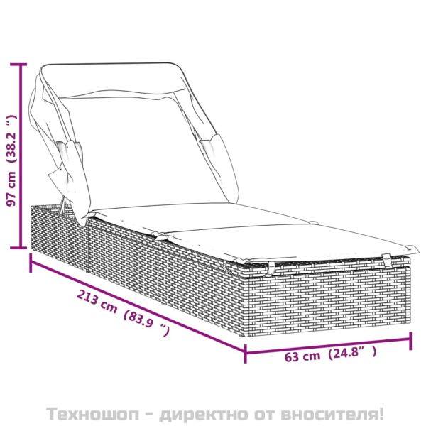 Шезлонг със сгъваем покрив, сив, 213x63x97 см, полиратан