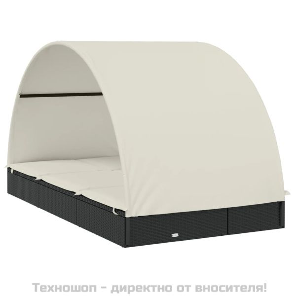 2-местен шезлонг с объл покрив черен 211x112x140 см полиратан