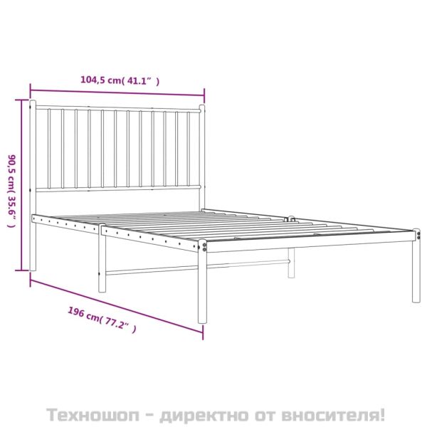 Метална рамка за легло с горна табла, бяла, 100x190 см
