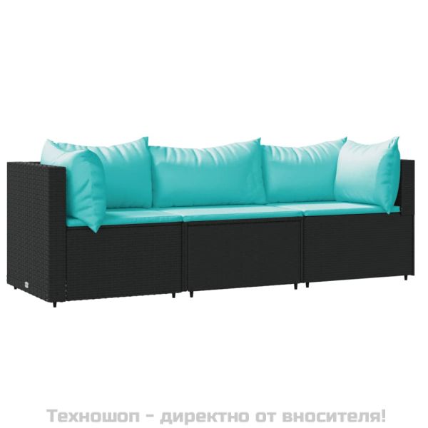 Градински лаундж комплект с възглавници 3 части черен полиратан