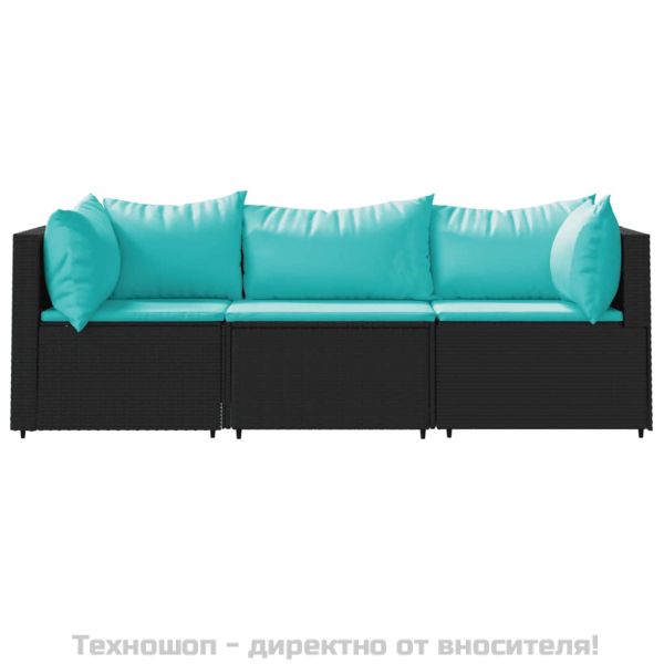 Градински лаундж комплект с възглавници 3 части черен полиратан