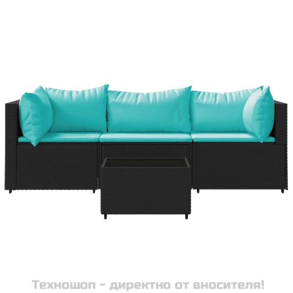 Градински лаундж комплект с възглавници 4 части черен полиратан