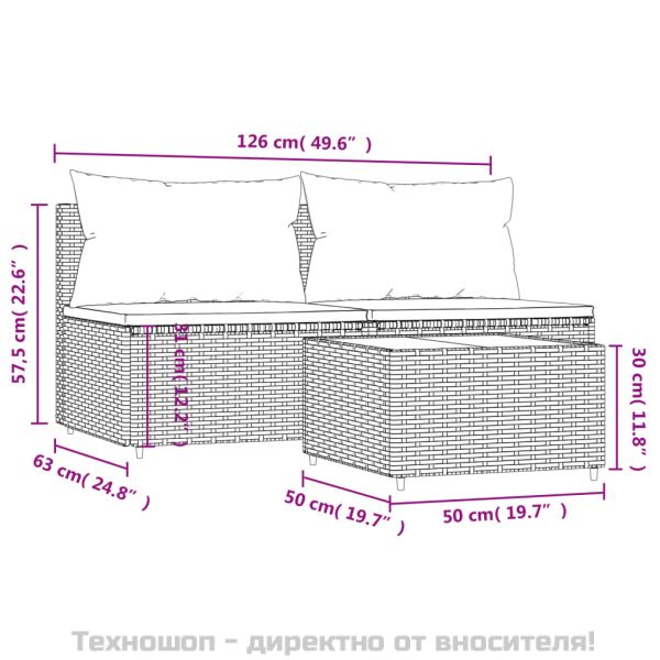 Градински лаундж комплект с възглавници 3 части черен полиратан