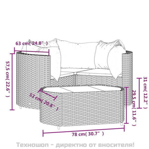 Градински лаундж комплект с възглавници 4 части черен полиратан