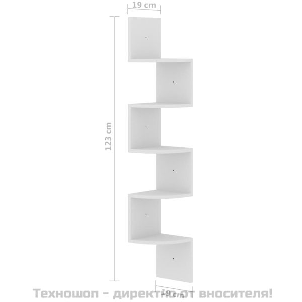 Стенен ъглов рафт, бял, 19x19x123 см, инженерно дърво