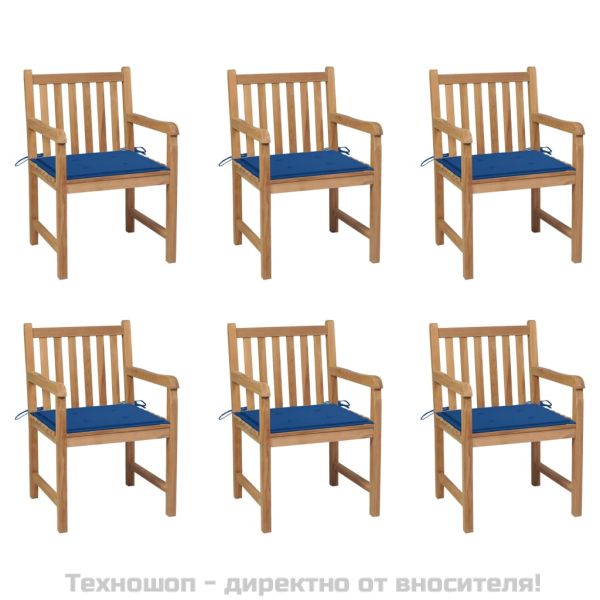 Градински столове, 6 бр, с кралскосини възглавници, тик масив