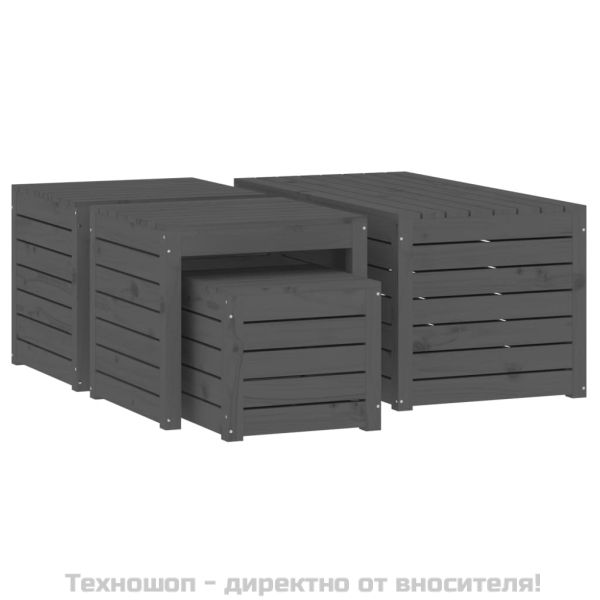 Комплект градински кутии от 4 части, сиви, масивно дърво бор