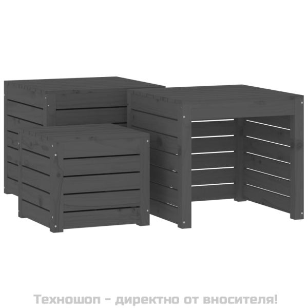 Комплект градински кутии от 4 части, сиви, масивно дърво бор