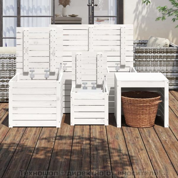 Комплект градински кутии от 4 части, бели, масивно дърво бор