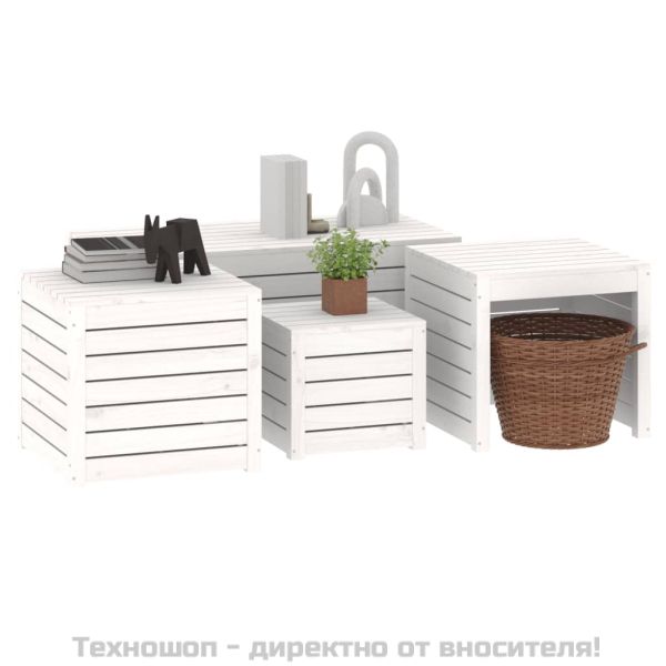 Комплект градински кутии от 4 части, бели, масивно дърво бор
