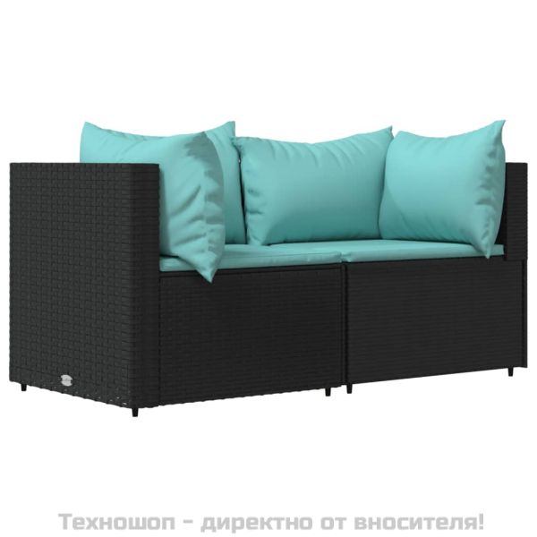 Градински лаундж комплект с възглавници 3 части черен полиратан