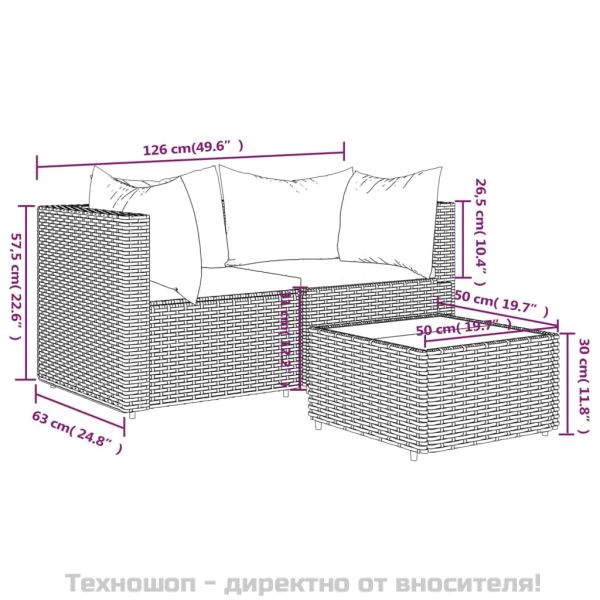 Градински лаундж комплект с възглавници 3 части черен полиратан