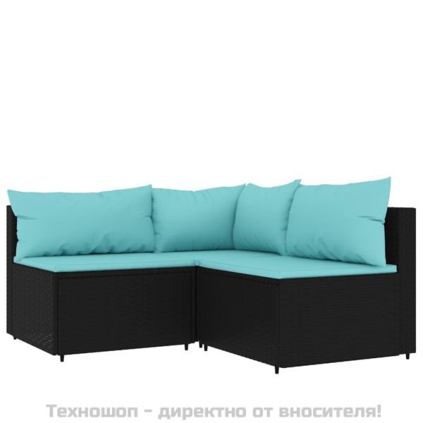 Градински лаундж комплект с възглавници 4 части черен полиратан