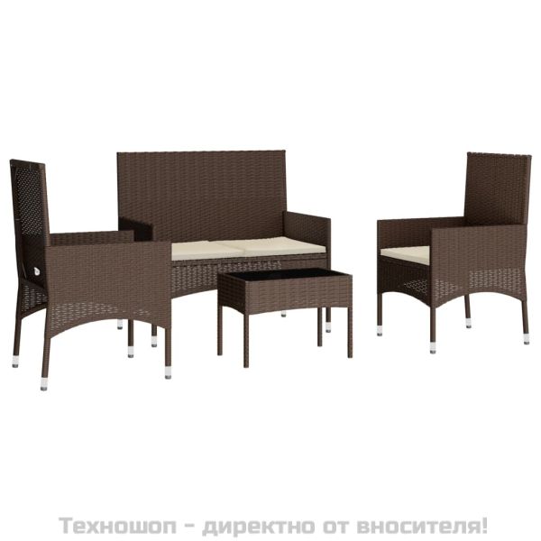 Градински комплект с възглавници, 4 части, кафяв, полиратан