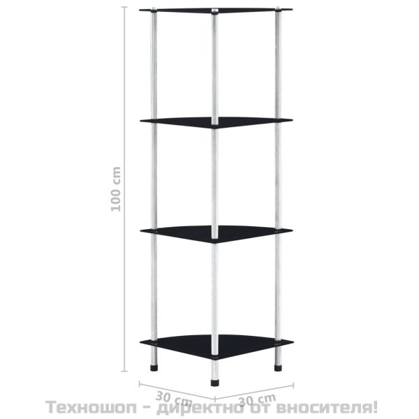 Етажерка с 4 рафта, черна, 30x30x100 см, закалено стъкло