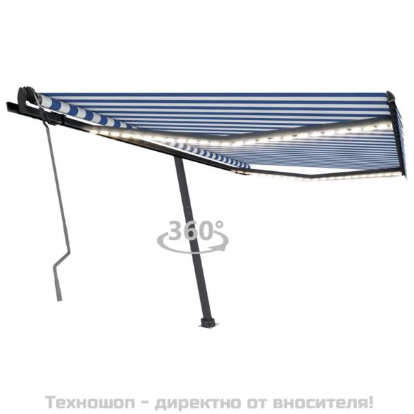 Ръчно прибиращ се сенник с LED, 400x350 см, синьо и бяло