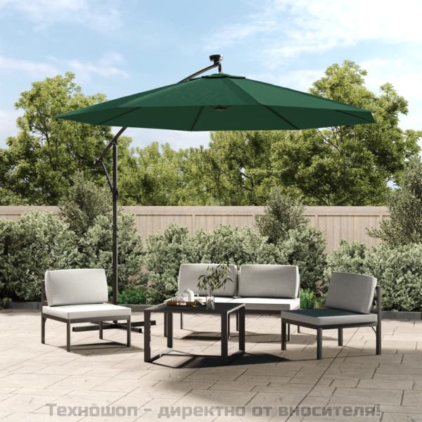 Окачен чадър с LED осветление, 300 см, зелен, метален прът