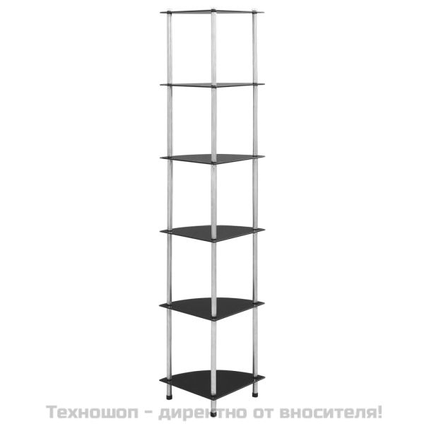 6-етажен рафт, черен, 30x30x160 см, закалено стъкло