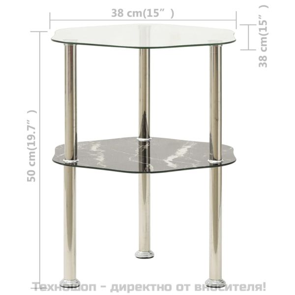 Странична маса с 2 рафта прозрачно и черно 38x38x50 см стъкло