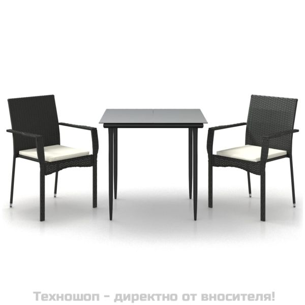Градински комплект от 3 части с възглавници черни полиратан