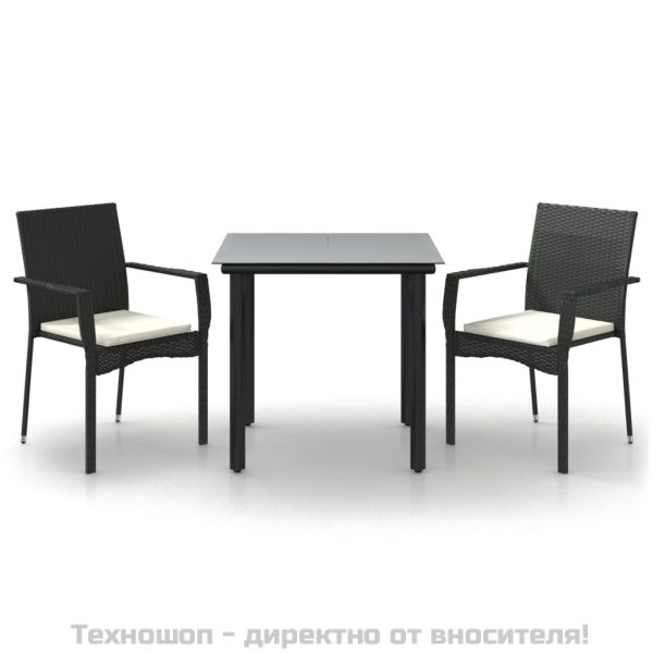 Градински комплект от 3 части с възглавници черни полиратан