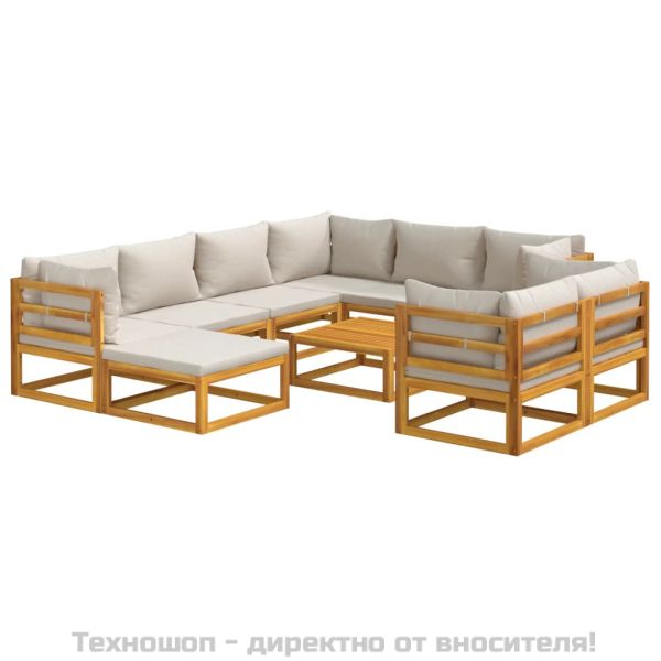 Градински комплект със светлосиви възглавници, 10 части, масив