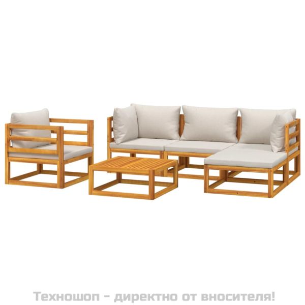 Градински комплект със светлосиви възглавници, 6 части, масив