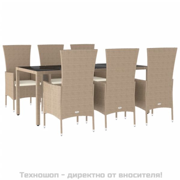 Градински комплект с възглавници, 7 части, бежов полиратан