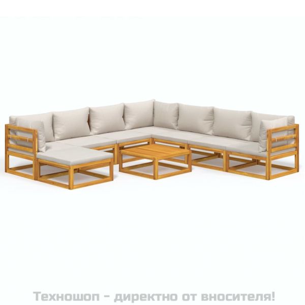 Градински комплект със светлосиви възглавници, 9 части, масив