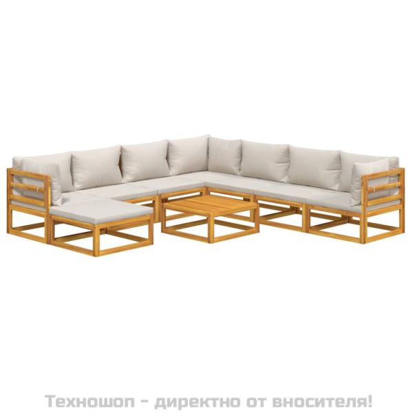 Градински комплект със светлосиви възглавници, 9 части, масив