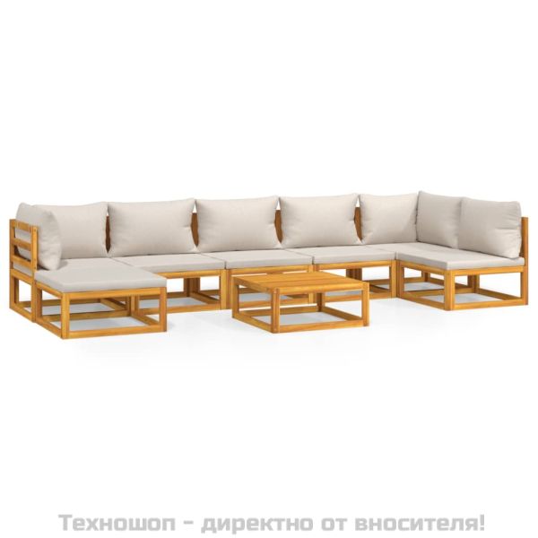 Градински комплект със светлосиви възглавници, 8 части, масив