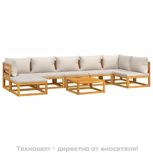 Градински комплект със светлосиви възглавници, 8 части, масив