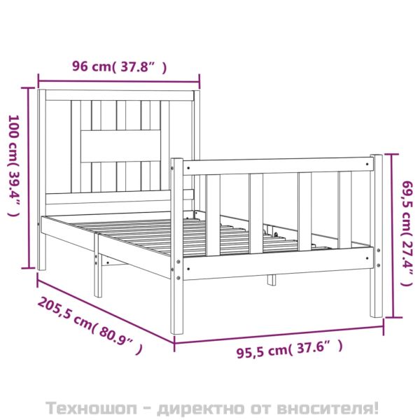 Рамка за легло с табла, борово дърво масив, 90x200 см