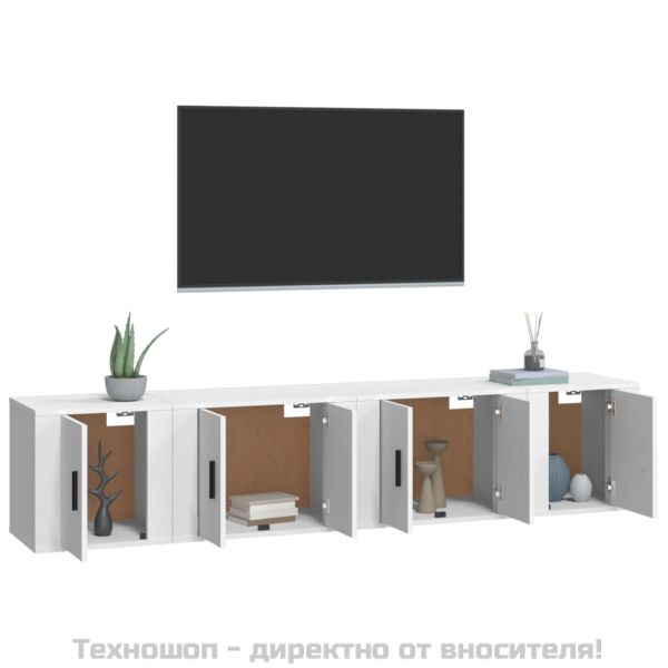 Комплект ТВ шкафове от 4 части, инженерно дърво, бял гланц