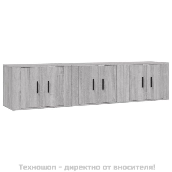 ТВ шкафове със стенен монтаж, 3 бр, сив сонома, 57x34,5x40 см