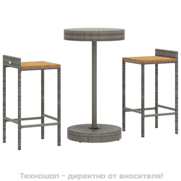 Градински бар комплект 3 части сив полиратан и акация масив