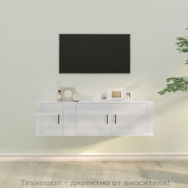 Комплект ТВ шкафове от 2 части, бял гланц, инженерно дърво