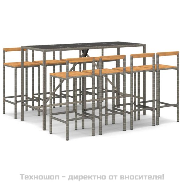 Градински бар комплект 9 части сив полиратан и акация масив