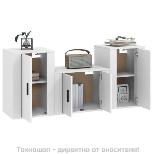 Комплект ТВ шкафове от 3 части, бял, инженерно дърво