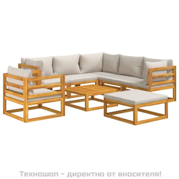 Градински комплект със светлосиви възглавници, 8 части, масив