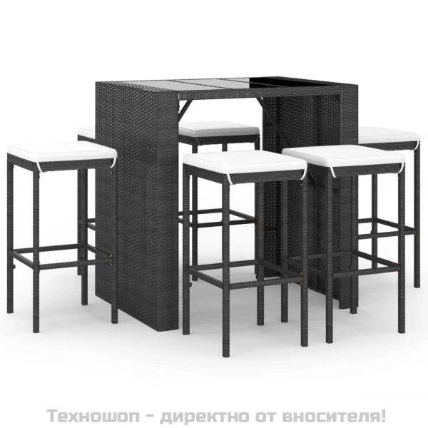 Градински бар комплект с възглавници 7 части черен полиратан