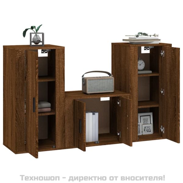 Комплект ТВ шкафове от 3 части, кафяв дъб, инженерно дърво