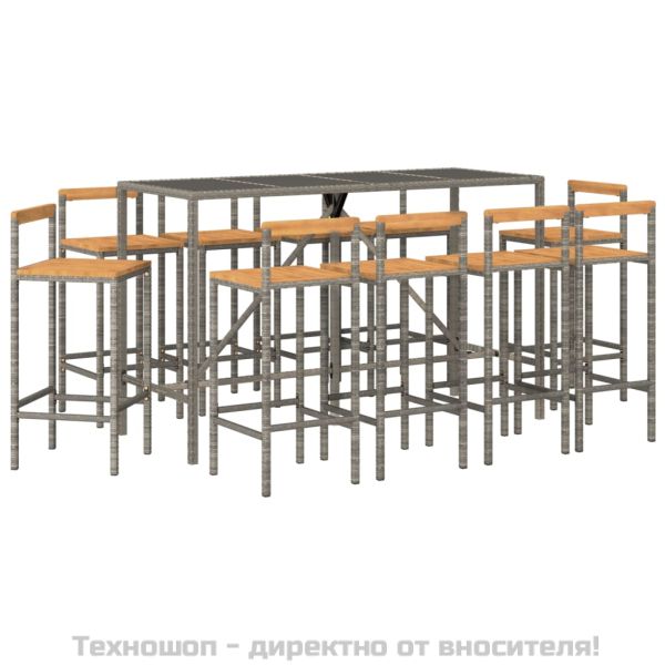 Градински бар комплект 11 части сив полиратан и акация масив