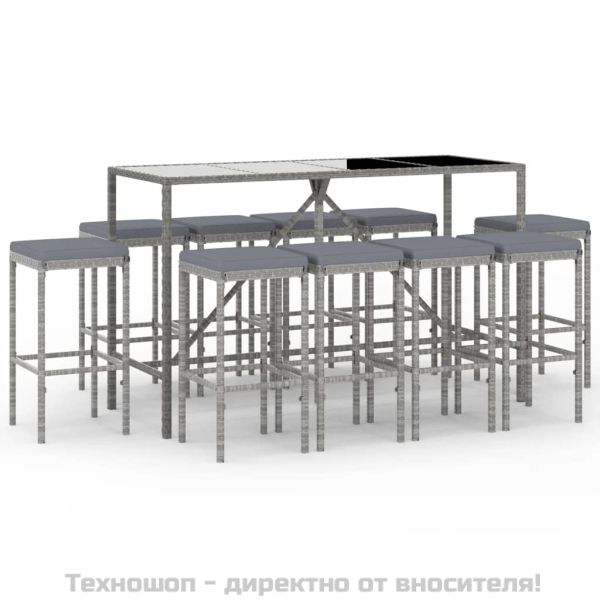 Градински бар комплект с възглавници 11 части сив полиратан