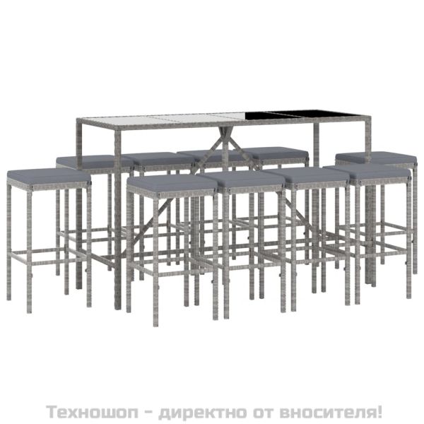 Градински бар комплект с възглавници 11 части сив полиратан