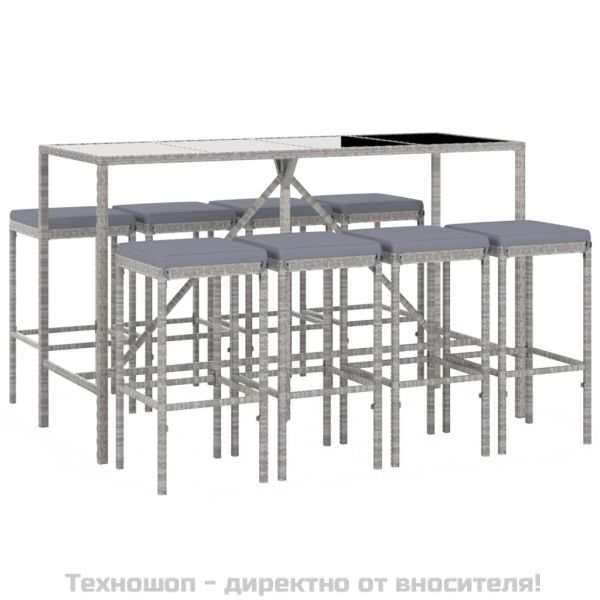 Градински бар комплект с възглавници 9 части сив полиратан